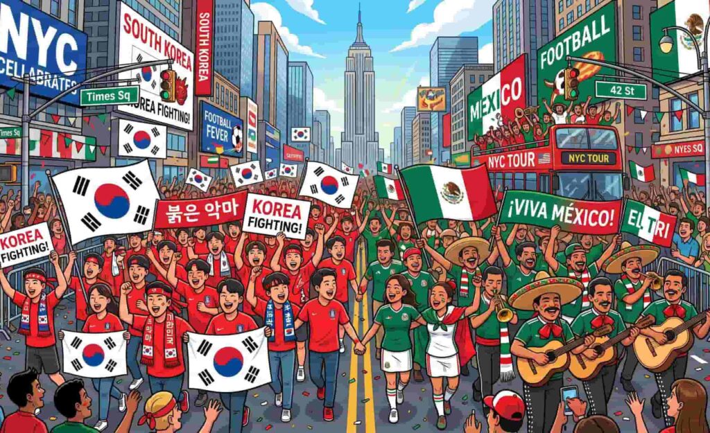 2026 월드컵 한국 멕시코 경기를 기다리며 붉은 악마 응원단과 멕시코 응원단이 뉴욕 거리에서 함께 행진하거나 응원하는 모습의 일러스트