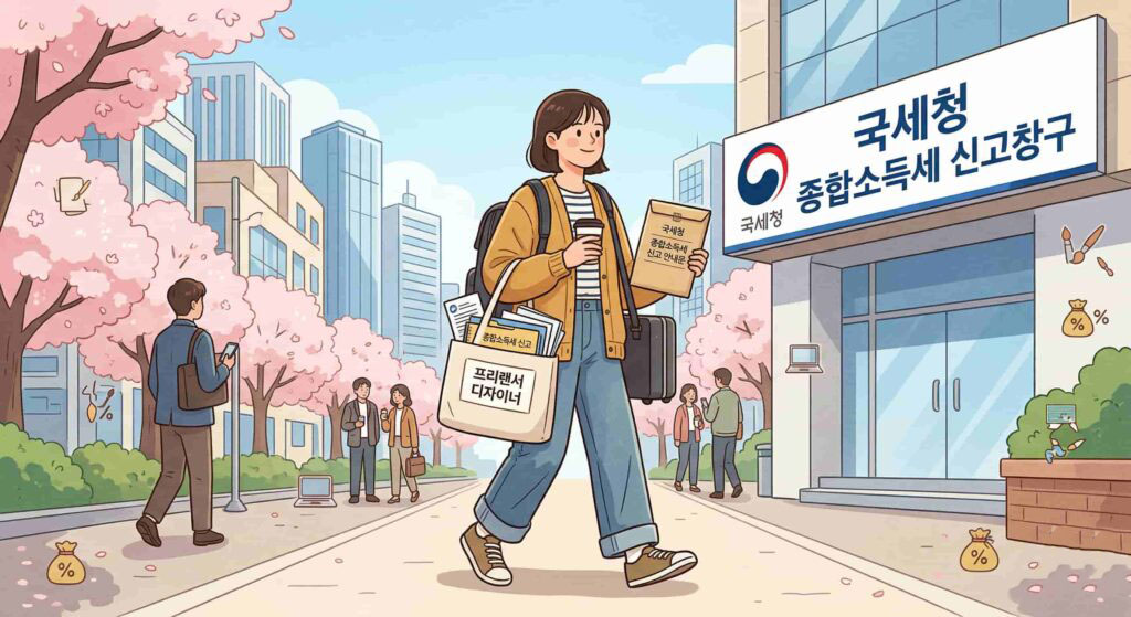 종합소득세 신고를 위해 세무서를 방문하는 프리랜서 디자이너의 모습