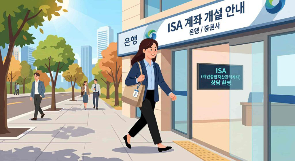 ISA 계좌를 개설하러 은행으로 가는 회사원 일러스트 이미지