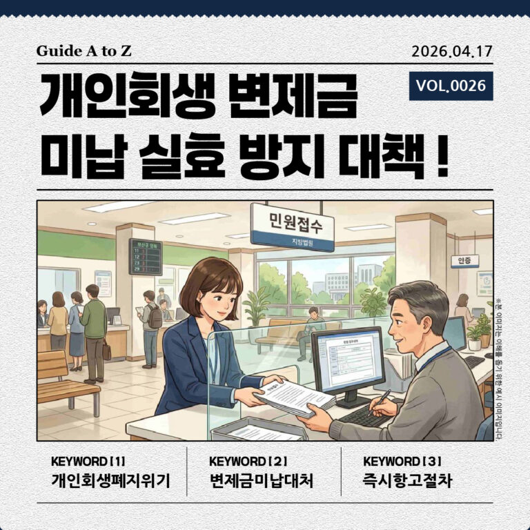개인회생 변제금 미납 시 실효 및 폐지 위기 안내. 3회 이상 미납 시 위험성 설명과 미납금 일시 납부, 변제계획 수정안 제출 등 대처법이 포함된 인포그래픽