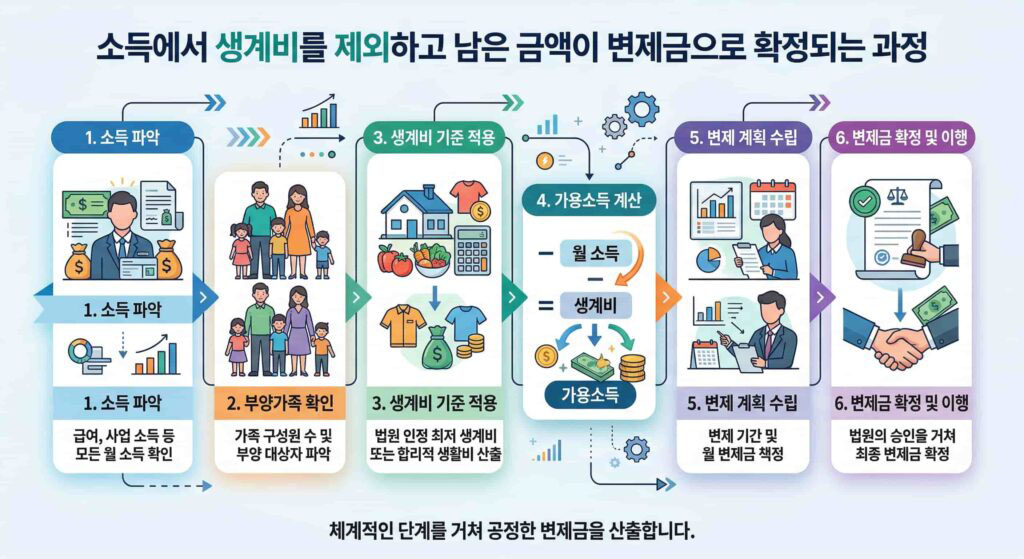 월 소득과 생계비를 고려한 체계적인 변제금 산출 및 확정 절차 6단계 가이드 인포그래픽