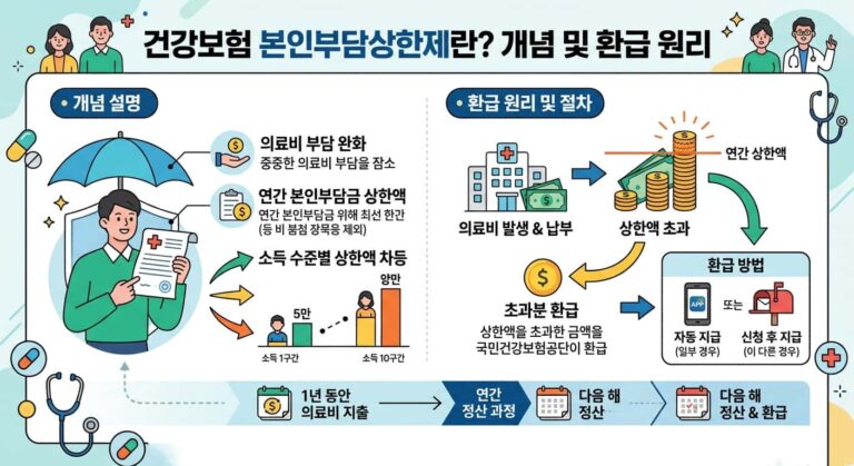 건강보험 본인부담상한제 개념 및 환급 원리를 설명하는 인포그래픽 이미지