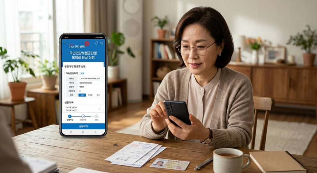 The건강보험 앱을 이용한 의료비 환급 신청하는 모습의 이미지
