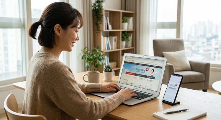 노트북이나 스마트폰으로 건강보험25시에 접속하는 모습의 이미지