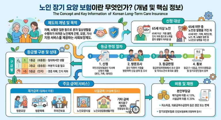 노인 장기 요양 보험의 개념을 설명하는 인포그래픽 이미지