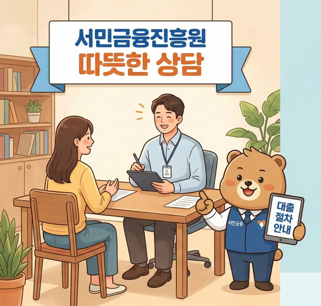 서민금융진흥원 상담 및 대출 절차 안내를 묘사한 친근한 분위기의 일러스트