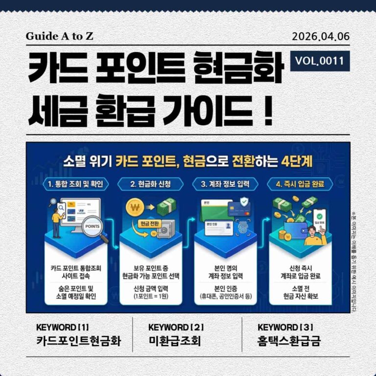 카드 포인트 통합 조회 및 계좌 입금을 통한 현금 전환 4단계 가이드 인포그래픽 이미지