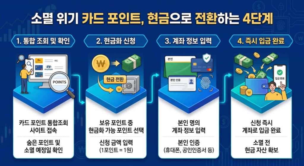 카드 포인트 통합 조회 및 계좌 입금을 통한 현금 전환 4단계 가이드 인포그래픽