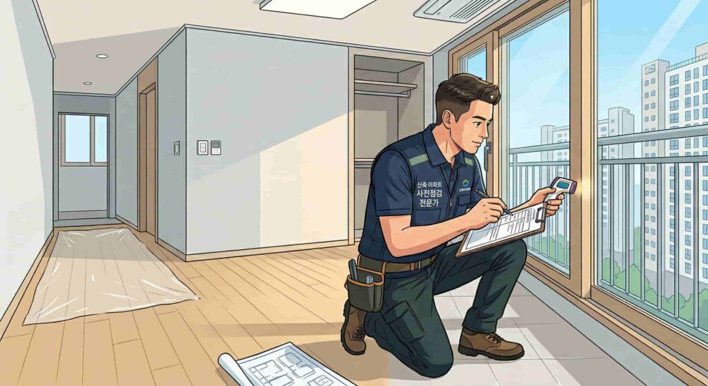 아파트 사전점검 서비스를 수행 중인 전문가의 모습