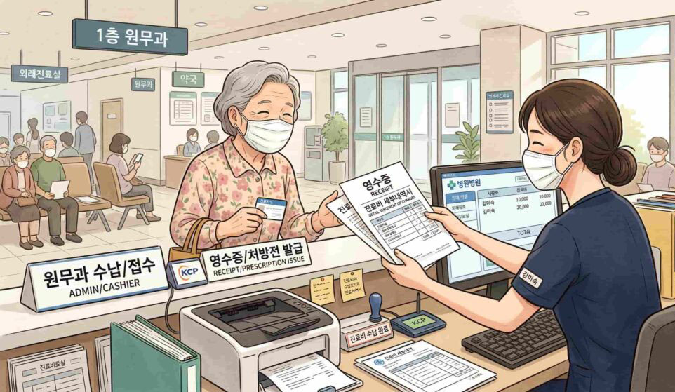 실손 보험 청구를 위해서 병원 원무과 수납 창구에서 진료비 영수증과 처방전을 발급받는 모습