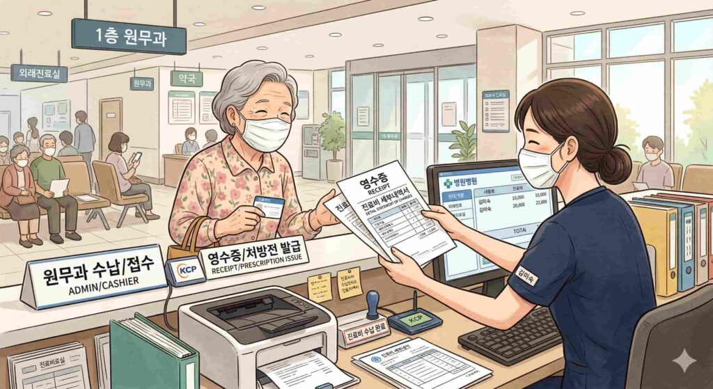 실손 보험 청구를 위해서 병원 원무과 수납 창구에서 진료비 영수증과 처방전을 발급받는 모습