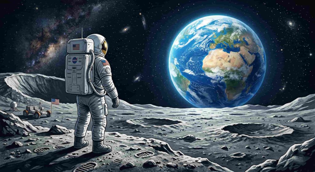 달에서 지구를 바라보고 있는 우주비행사 일러스트 이미지