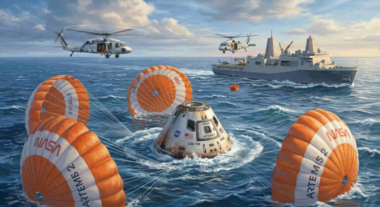 태평양 해상에 착수하는 NASA 아르테미스 2호 오리온 우주선 일러스트 이미지