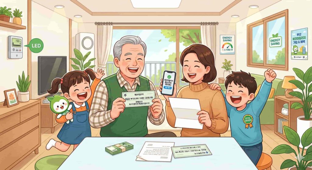 에너지 절약 실천으로 에코마일리지 환급금을 받은 행복한 가족의 풍경