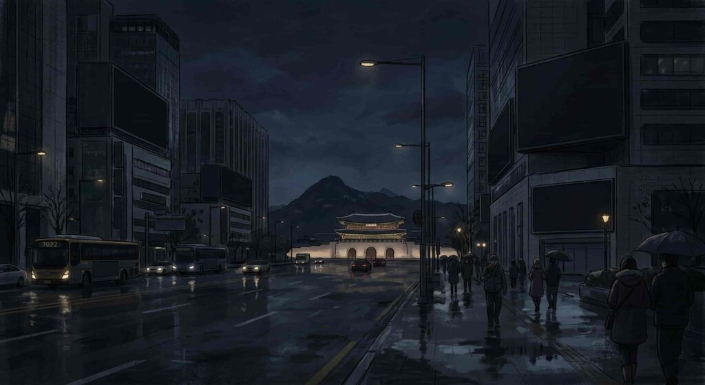 모든 대형 전광판이 꺼져버린 광화문의 밤 풍경 일러스트