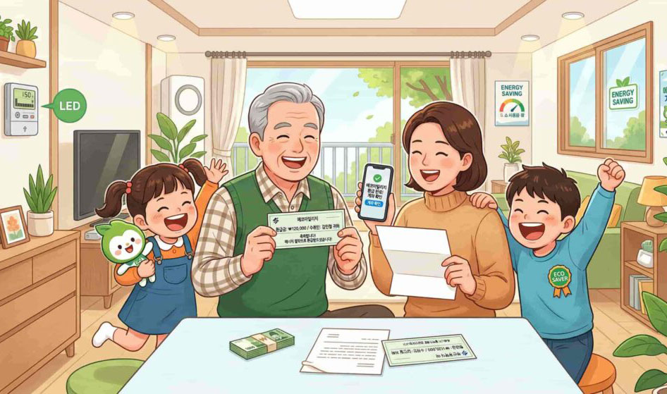 에너지 절약 실천으로 에코마일리지 환급금을 받은 행복한 가족의 풍경