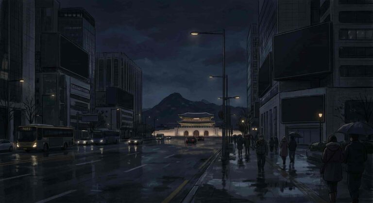 모든 대형 전광판이 꺼져버린 광화문의 밤 풍경 일러스트