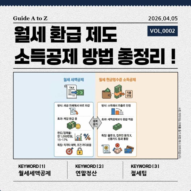 월세 세액공제와 월세 현금영수증 소득공제의 방식, 효과, 한도 및 공제율을 비교한 인포그래픽 표