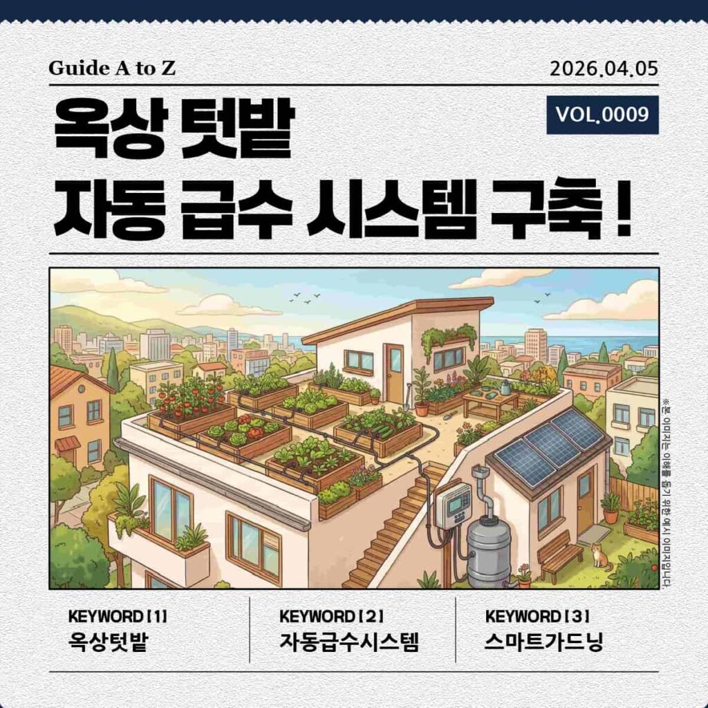 지속 가능한 삶을 실천하는 도시 주택의 자동 급수 시스템이 설치된 옥상 텃밭 풍경