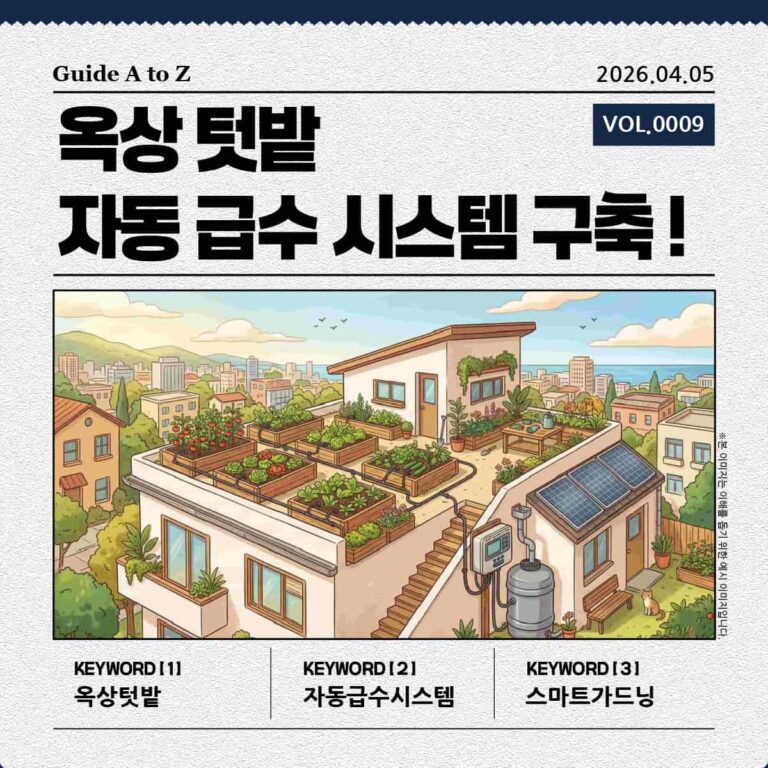 지속 가능한 삶을 실천하는 도시 주택의 자동 급수 시스템이 설치된 옥상 텃밭 풍경