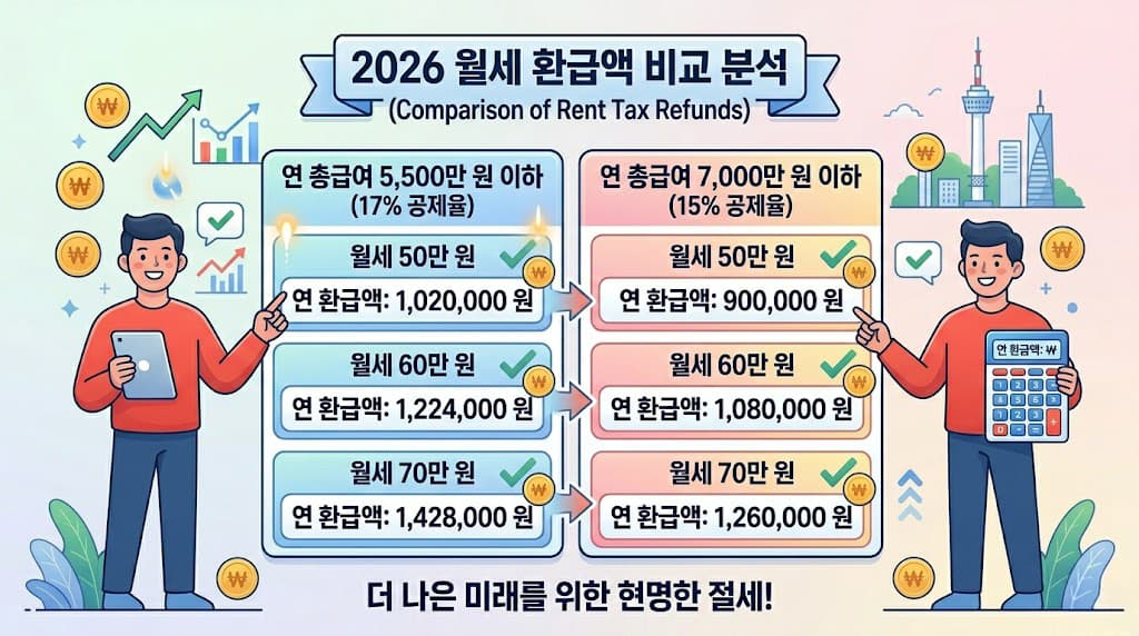 총급여 및 월세 금액별 세액공제 환급액 비교에 관한 인포그래픽 이미지