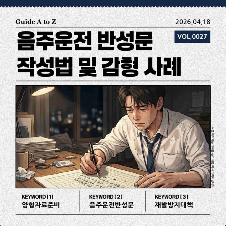 음주운전 반성문 작성법 및 감형을 위한 3대 핵심 포인트 안내. 진심 어린 반성, 재발 방지 약속, 구체적인 선처 사유 포함 등 효과적인 반성문 작성 가이드 인포그래픽