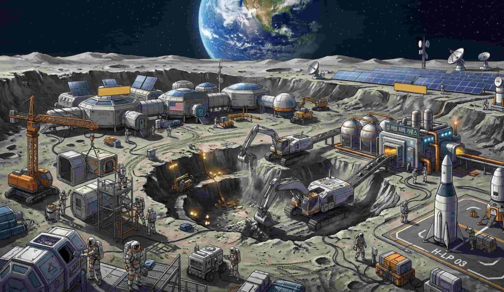 2027년 이후 본격화될 달 기지 건설 및 자원 채굴 상상도