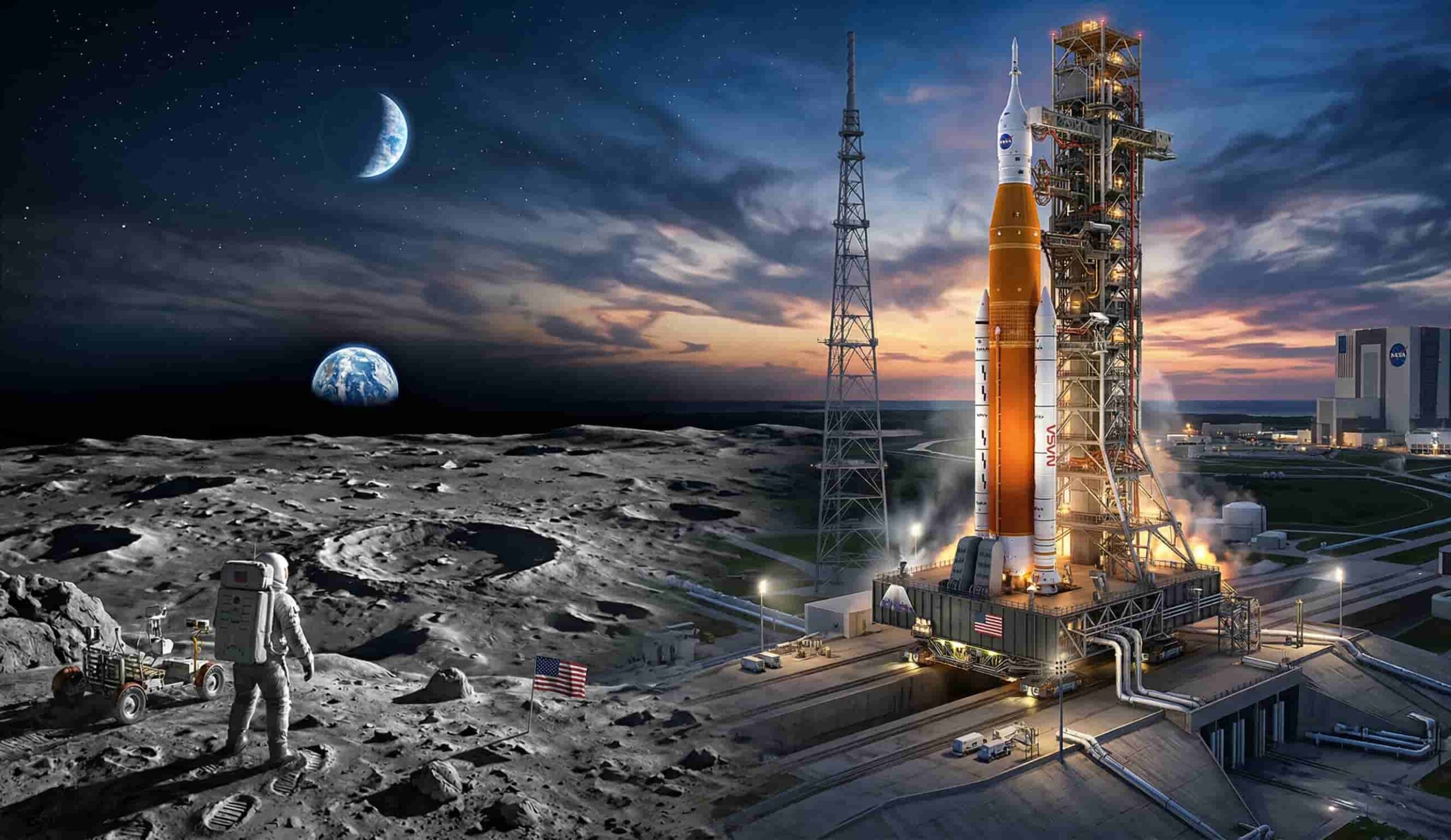 아르테미스 프로젝트-나사의 거대 로켓 SLS가 발사대에서 대기하고 있는 웅장한 모습과 달의 표면이 대조되는 상상도