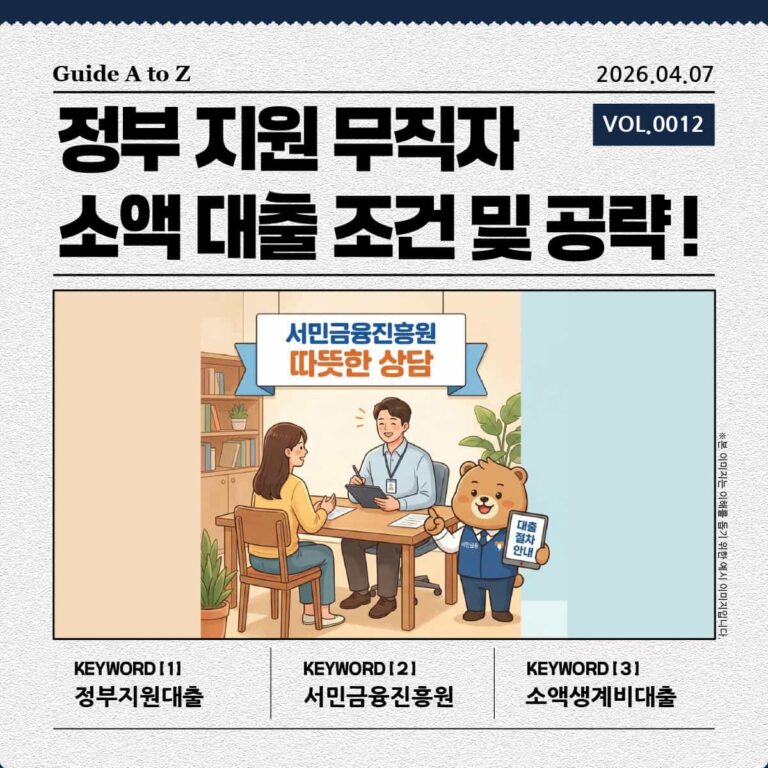 정부 지원 서민금융진흥원 상담 및 대출 절차 안내를 묘사한 친근한 분위기의 일러스트 이미지