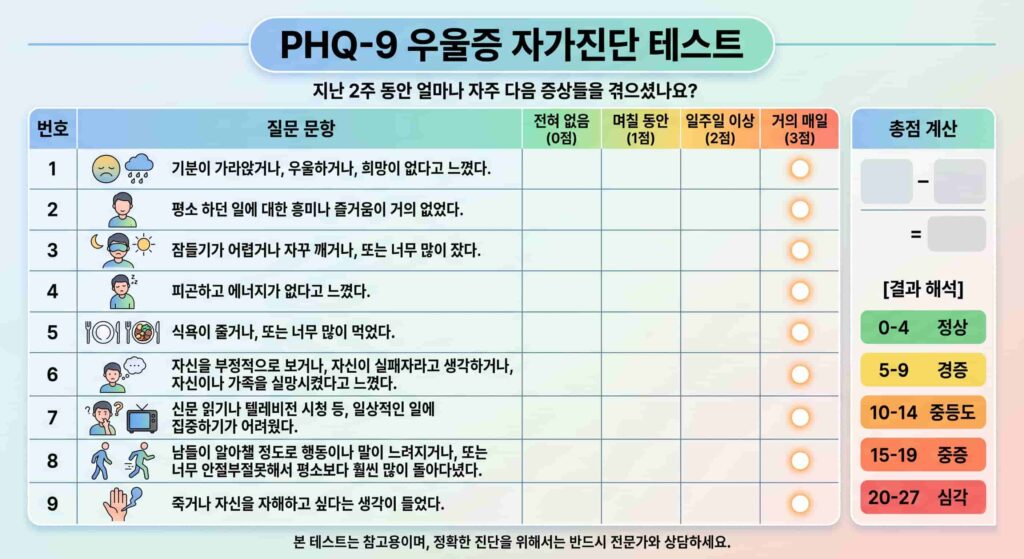 PHQ-9 우울증 정신건강 자가진단 테스트 예시 문항 차트의 이미지