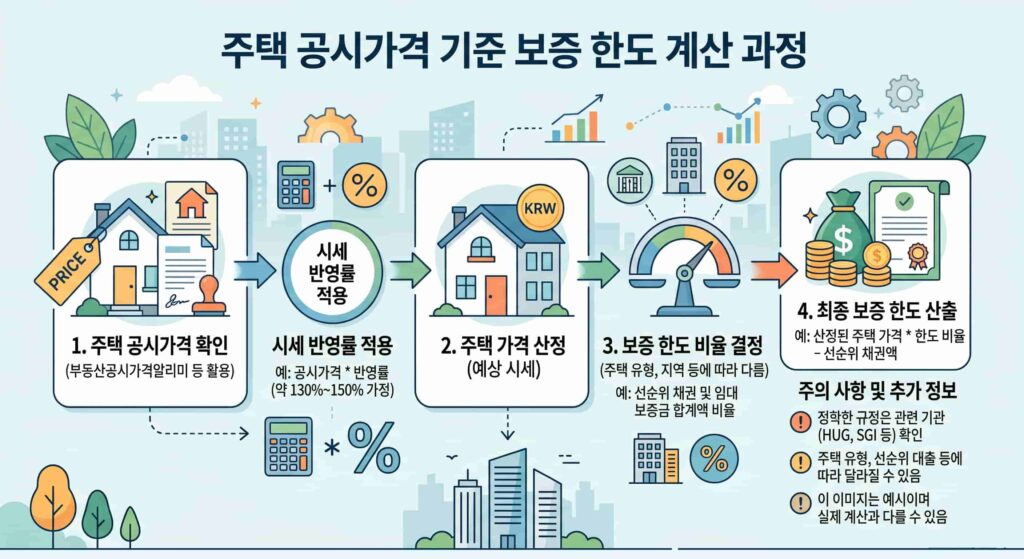 주택 공시가격을 기준으로 보증 한도를 계산하는 과정을 보여주는 인포그래픽 이미지