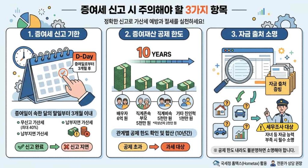 증여세 신고 시 주의해야 할 3가지 항목 인포그래픽 이미지