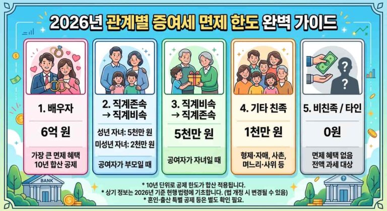 2026년 관계별 증여세 면제 한도 인포그래픽 이미지