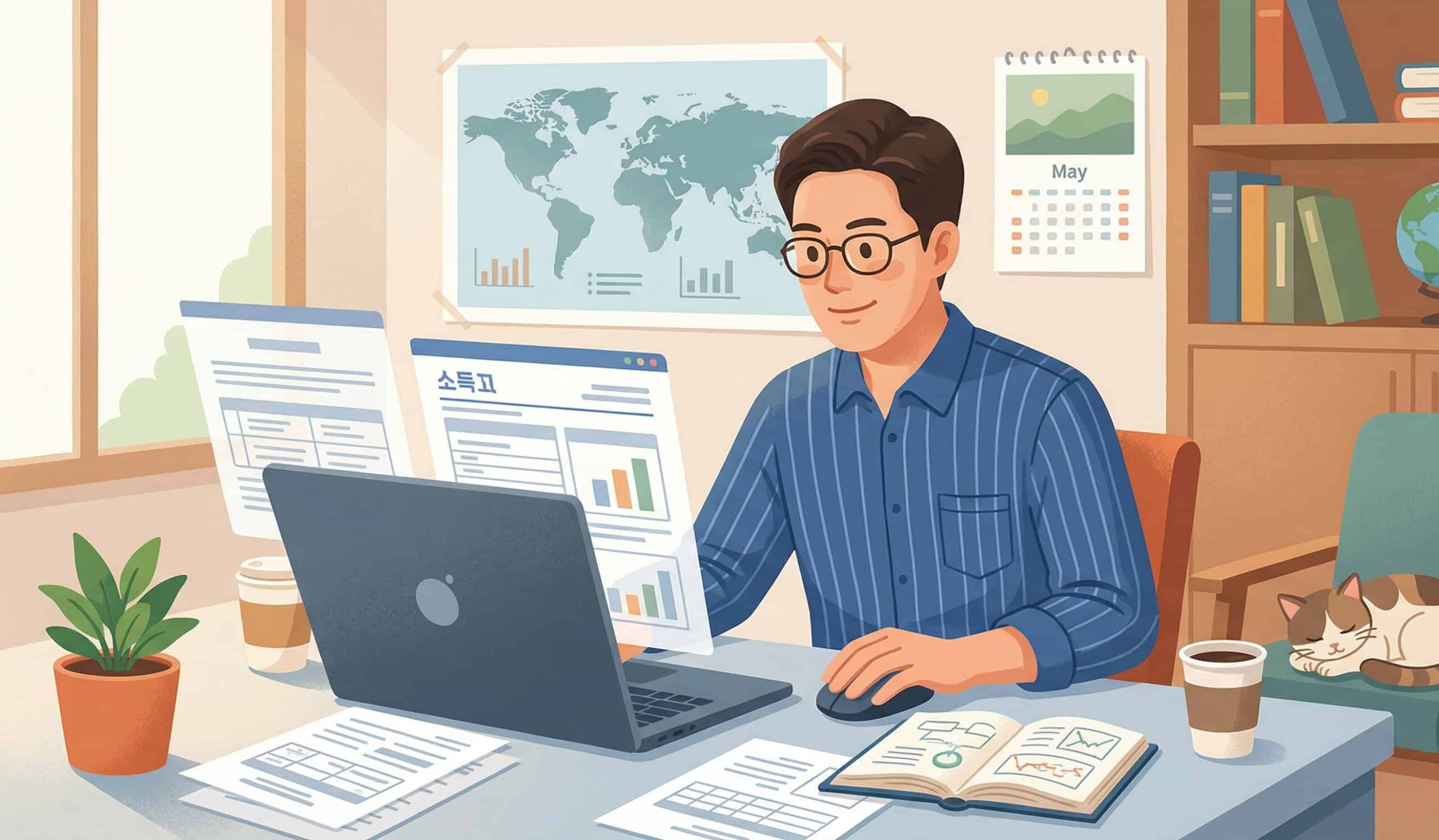 직접 해외 주식 배당금 세금 신고를 하고 있는 남성 직장인의 일러스트