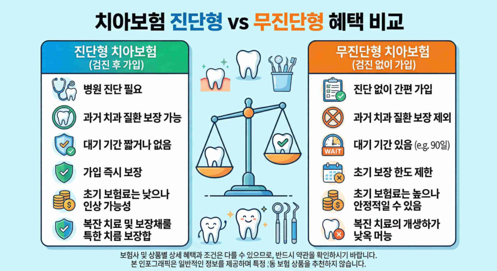 치아 보험 진단형과 무진단형 장단점 비교 표