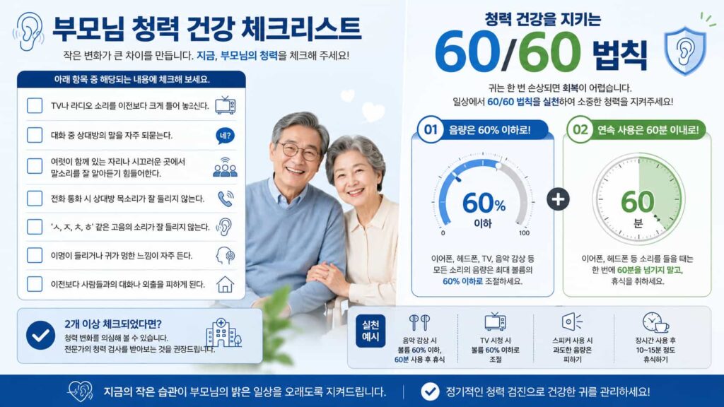 부모님 청력 건강 체크리스트 및 60/60 법칙 인포그래픽 이미지