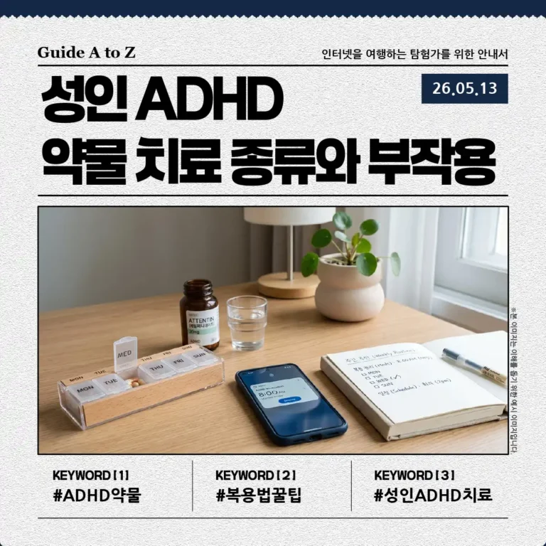 깔끔한 배경 위에 정돈된 성인 ADHD 약물과 알람이 설정된 스마트폰, 그리고 메모지가 놓여 있어 체계적인 복용 관리를 연상시키는 세련된 이미지