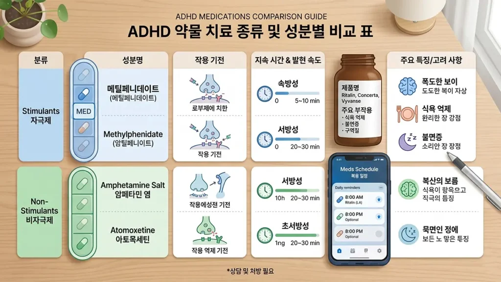 ADHD 약물 치료 종류 및 성분별 비교에 관한 인포그래픽 이미지