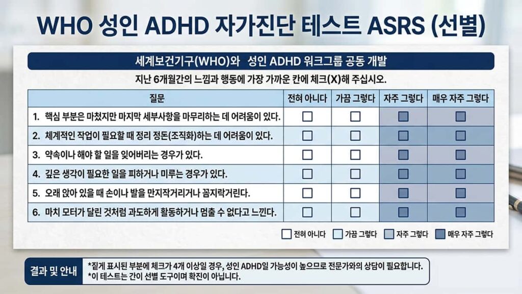 WHO 성인 ADHD 자가진단 테스트 ASRS 체크리스트 이미지