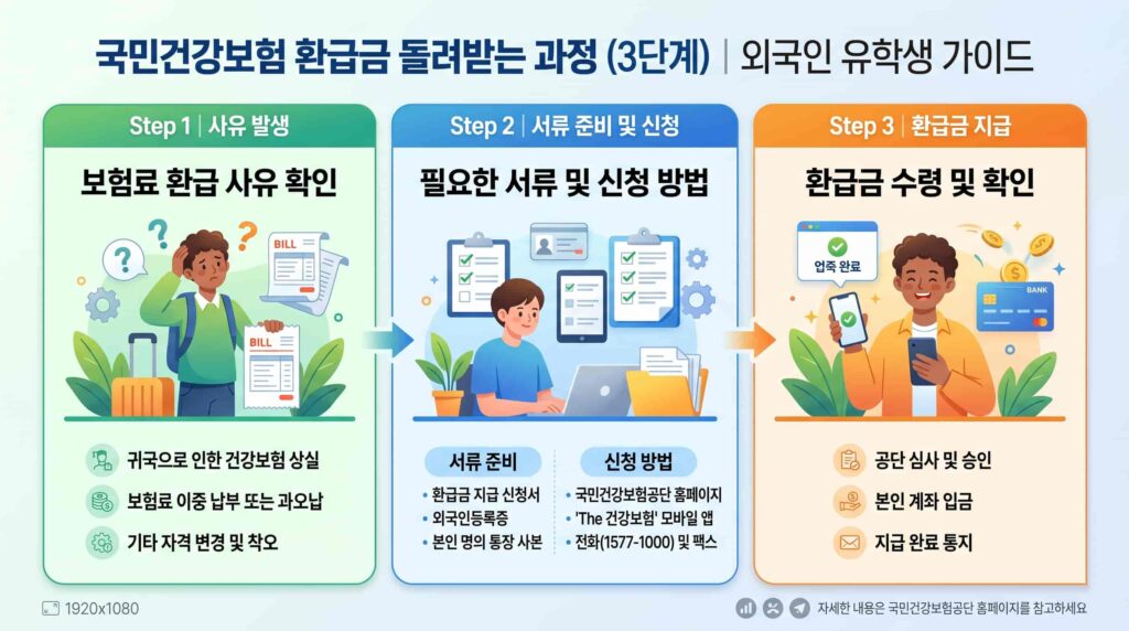 외국인 유학생이 국민건강보험 환급금을 돌려받는 과정을 3단계(사유 발생 -> 서류 준비 및 신청 -> 환급금 지급)로 나타낸 깔끔한 인포그래픽 이미지