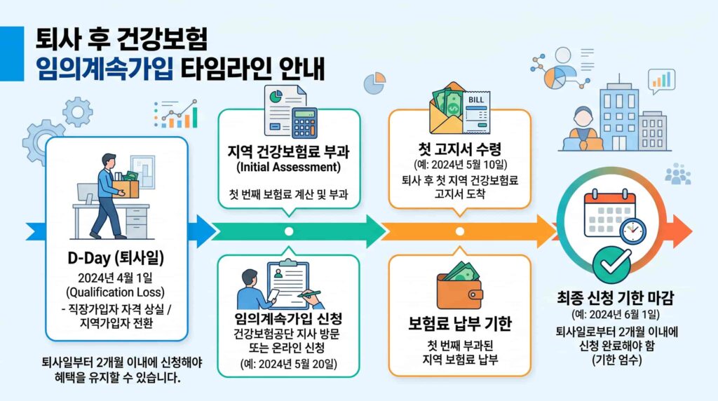 건강보험 임의계속가입 신청 기한 타임라인 안내에 관한 인포그래픽 이미지