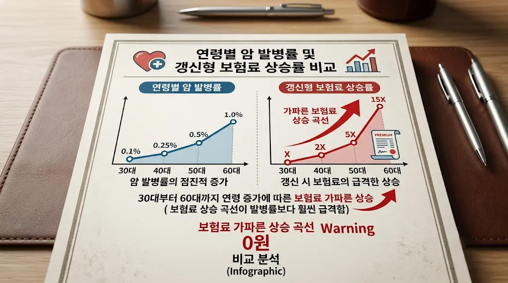 연령별 암 발생 통계 및 갱신형 암보험 인상률 지표 인포그래픽